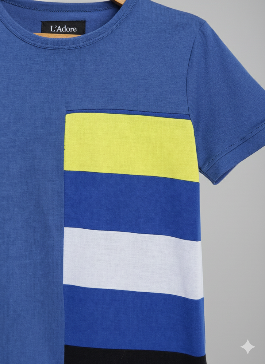 Blue Colourblock Mercerised Cotton T-shirt