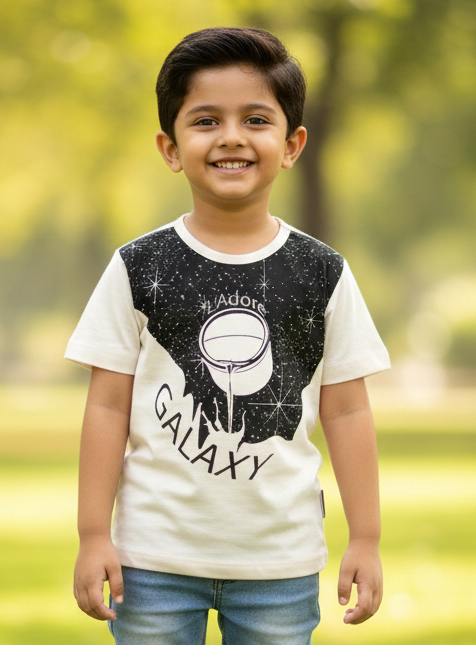 Kids White Galaxy Printed Round Neck Cotton T-shirt