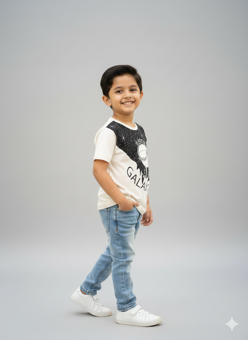 Kids White Galaxy Printed Round Neck Cotton T-shirt