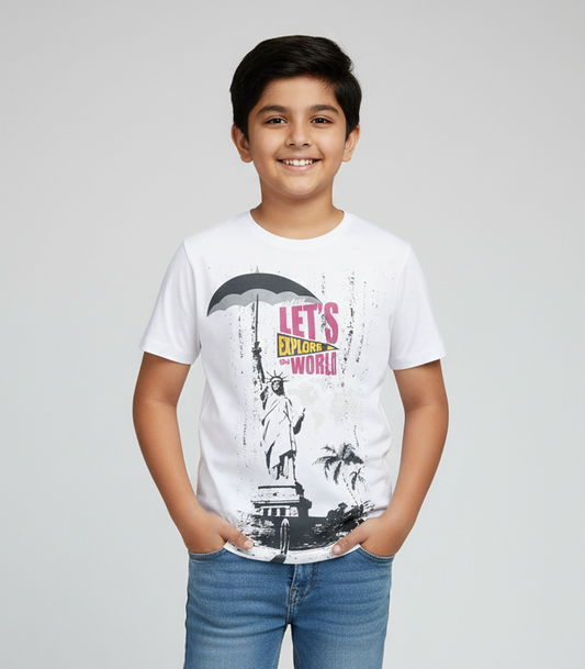 White Explore The World Printed Round Neck Cotton T-shirt