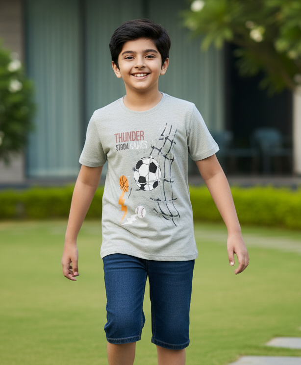 Grey Heather Ball Printed Round Neck Cotton T-shirt