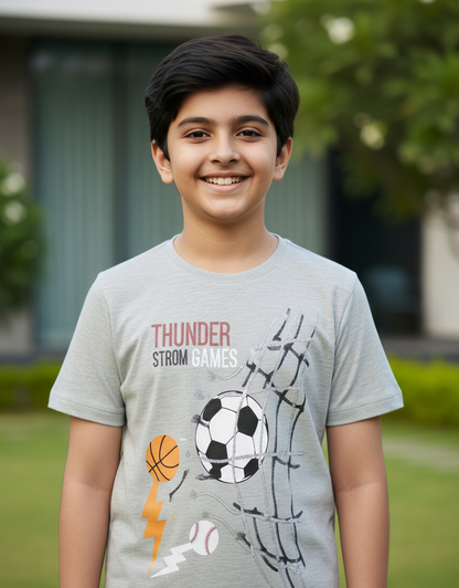 Grey Heather Ball Printed Round Neck Cotton T-shirt