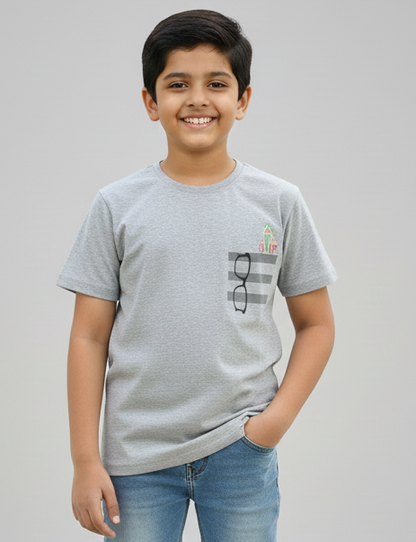 Grey Pencil and Glasses Printed Round Neck Cotton T-shirt