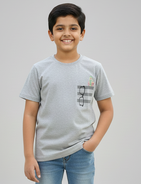 Grey Pencil and Glasses Printed Round Neck Cotton T-shirt