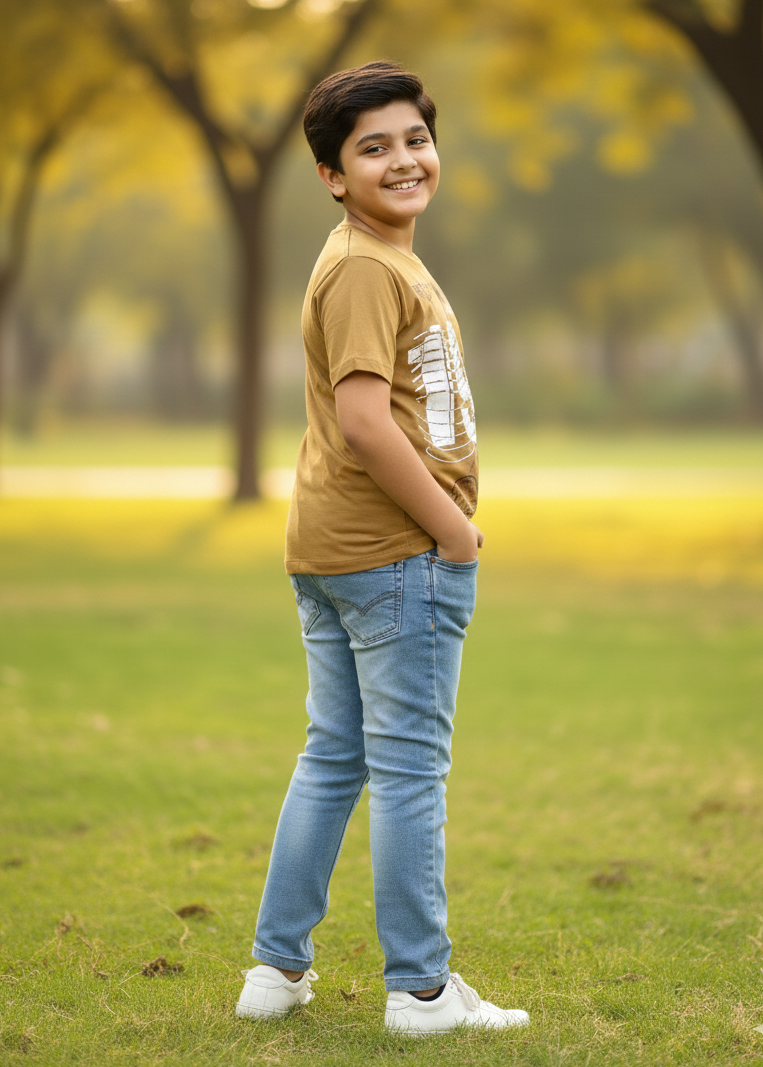 Boys Mustard Printed Round Neck Cotton T-shirt