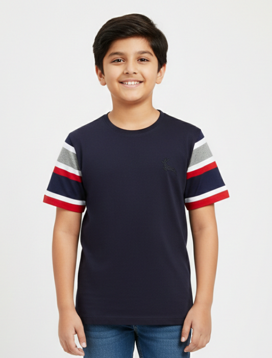 Black Colourblocked Round Neck Cotton T-shirt