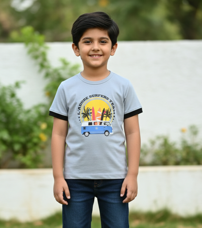 Grey Surfer Printed Round Neck Cotton T-shirt
