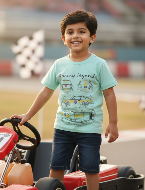 Boys Sea Green Car Printed Cotton T-shirt