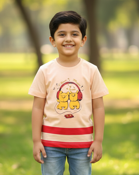 Peach Music Printed Round Neck Cotton T-shirt