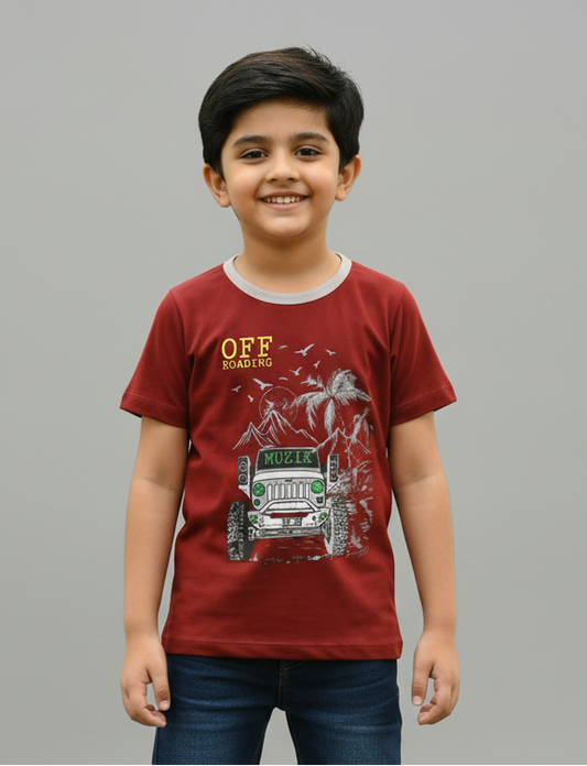 Boys Maroon Half Sleeves Vehicle Print Cotton T-shirt