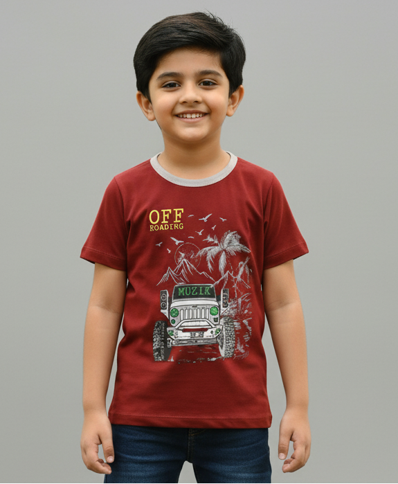 Boys Maroon Half Sleeves Vehicle Print Cotton T-shirt