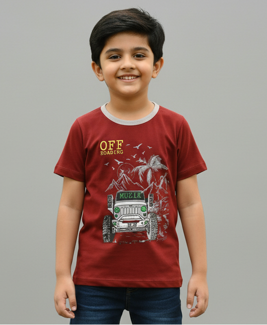 Boys Maroon Half Sleeves Vehicle Print Cotton T-shirt