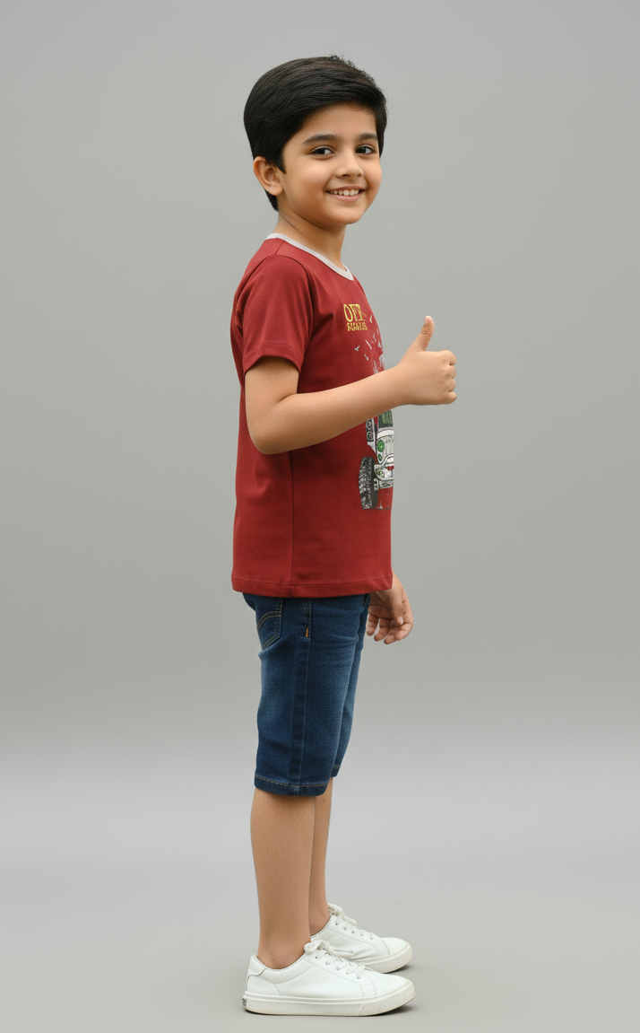 Boys Maroon Half Sleeves Vehicle Print Cotton T-shirt