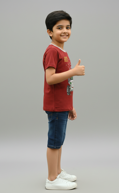 Boys Maroon Half Sleeves Vehicle Print Cotton T-shirt