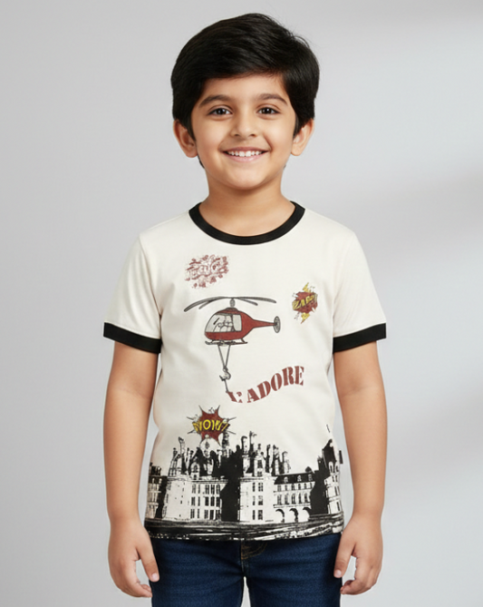Kids White Helicopter Printed Round Neck Cotton T-shirt