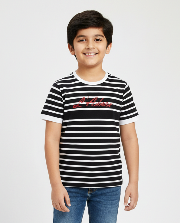 Black Striped Round Neck Cotton T-shirt