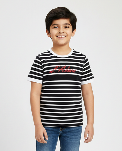 Black Striped Round Neck Cotton T-shirt