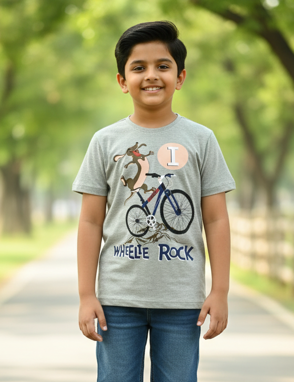 Kids Grey Bicycle Printed Round Neck T-shirt