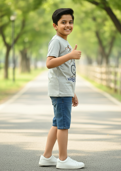 Kids Grey Bicycle Printed Round Neck T-shirt
