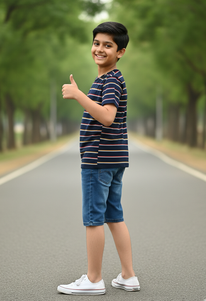 Kids Black Round Neck Mercerised Cotton T-shirt