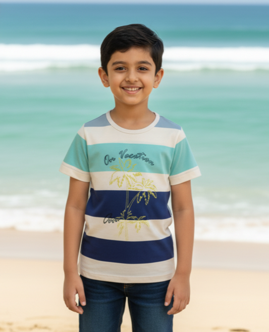 Kids Multicolour Vacation Striped Round Neck Cotton T-shirt