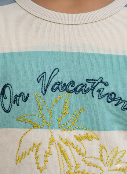 Kids Multicolour Vacation Striped Round Neck Cotton T-shirt