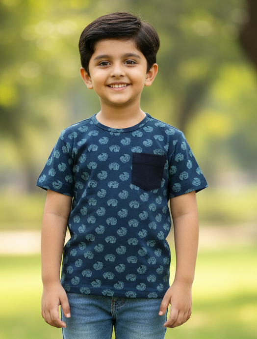 Blue Printed Half Sleeves Organic Cotton T-shirt