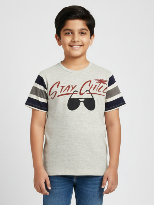 Kids Grey Heather Printed Round Neck Cotton T-shirt