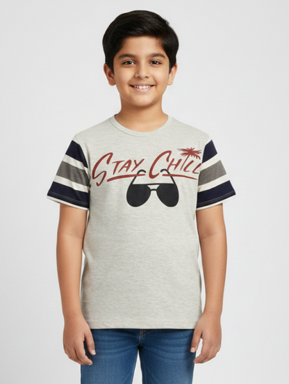 Kids Grey Heather Printed Round Neck Cotton T-shirt