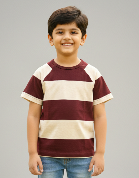 Kids Maroon Striped Round Neck Cotton T-shirt