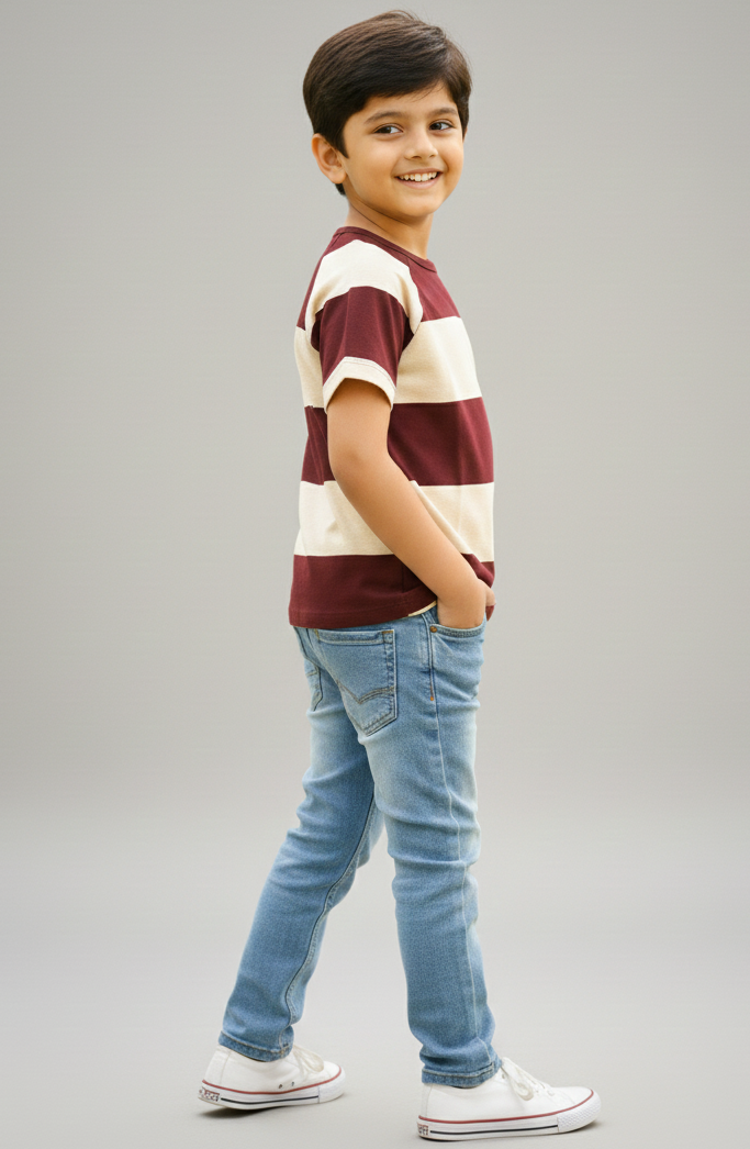 Kids Maroon Striped Round Neck Cotton T-shirt