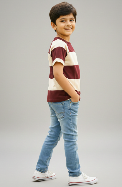 Kids Maroon Striped Round Neck Cotton T-shirt
