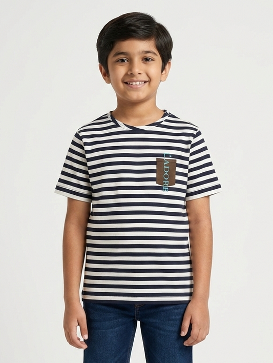 Kids White and Blue Striped Round Neck Organic Cotton T-shirt