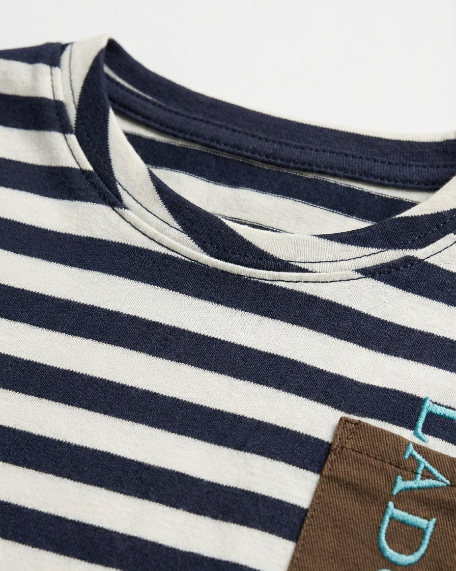 Kids White and Blue Striped Round Neck Organic Cotton T-shirt