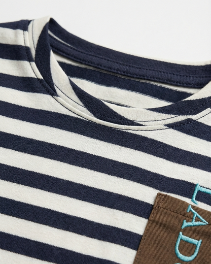 Kids White and Blue Striped Round Neck Organic Cotton T-shirt