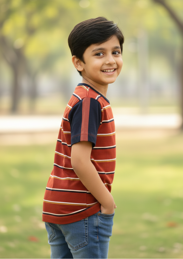 Red Striped Mercerised Cotton T-shirt