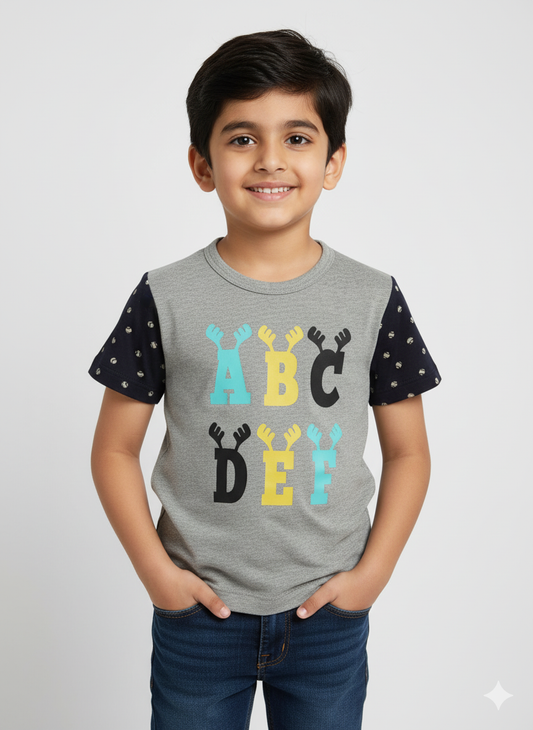 Grey Alphabet Printed Cotton T-shirt