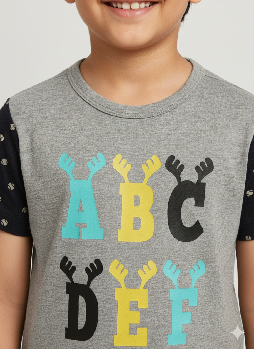 Grey Alphabet Printed Cotton T-shirt