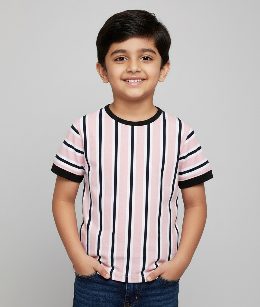 Pink Striped Round Neck Supima Cotton T-shirt