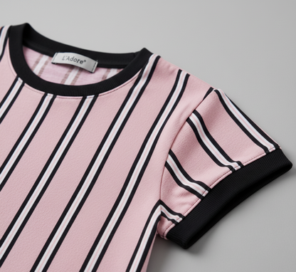 Pink Striped Round Neck Supima Cotton T-shirt
