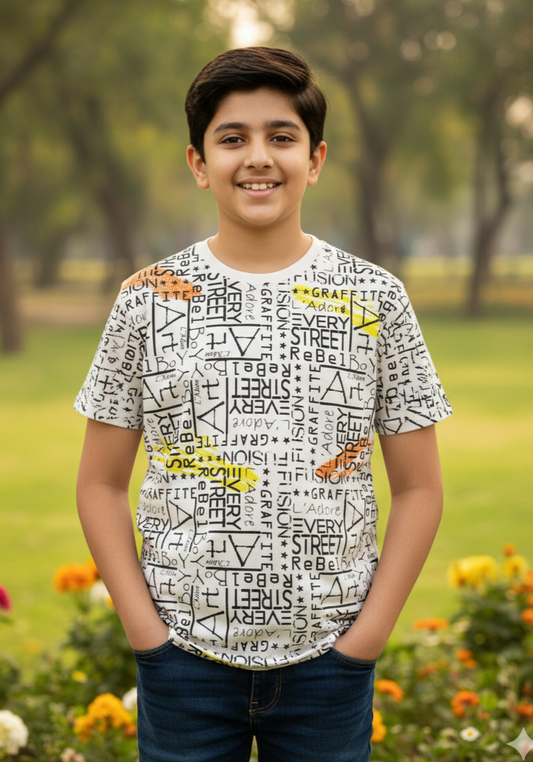 Kids White and Black Graphic Printed Round Neck Cotton T-shirt