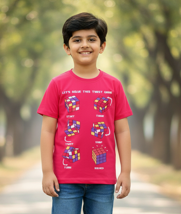 Kids Pink Half Sleeves Cube Game Cotton T-shirt