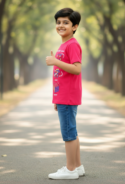 Kids Pink Half Sleeves Cube Game Cotton T-shirt