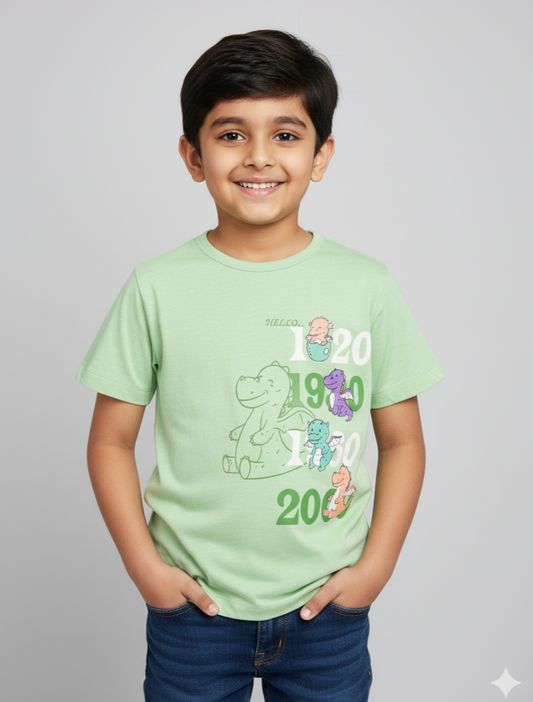 Kids Green Dino Print Half Sleeves Cotton T-shirt