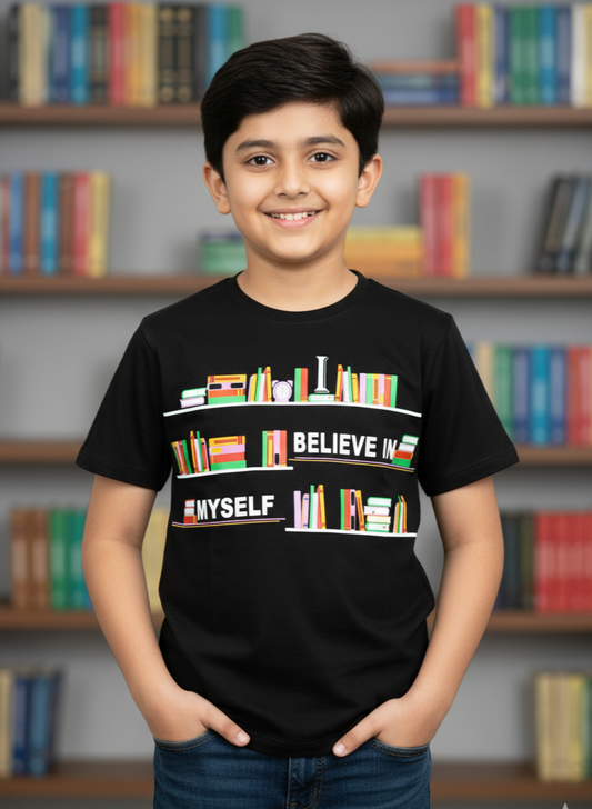 Kids Black Half Sleeves Books Print Cotton T-shirt