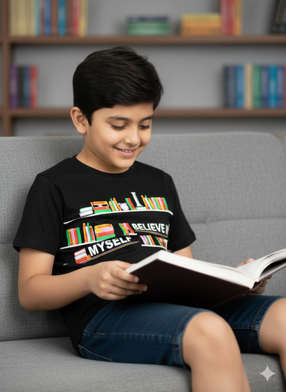 Kids Black Half Sleeves Books Print Cotton T-shirt