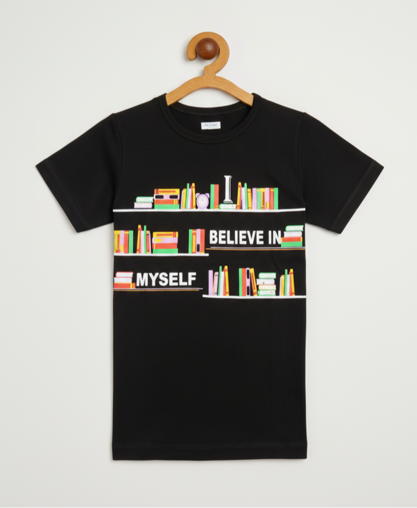 Kids Black Half Sleeves Books Print Cotton T-shirt
