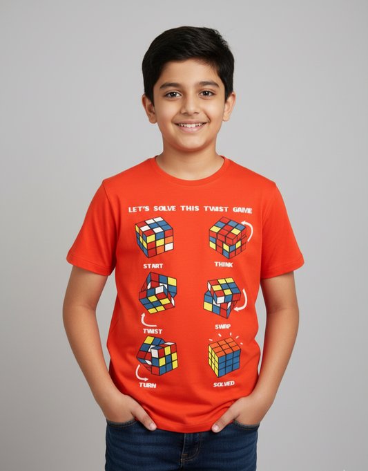 Kids Red Half Sleeves Cube Game Cotton T-shirt