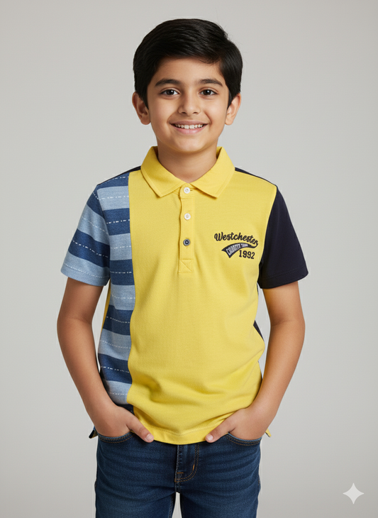 Yellow and Navy 100% Cotton Smart Polo Tshirt