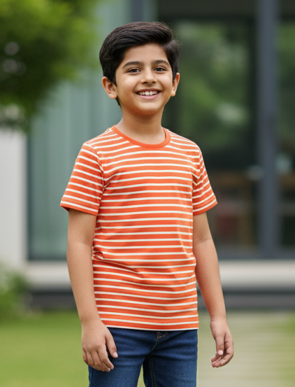Kids 100% Pure Cotton Orange Stripes T-Shirt
